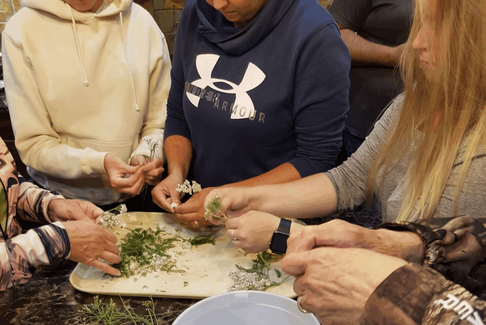 People preparing herbs on a tray together.